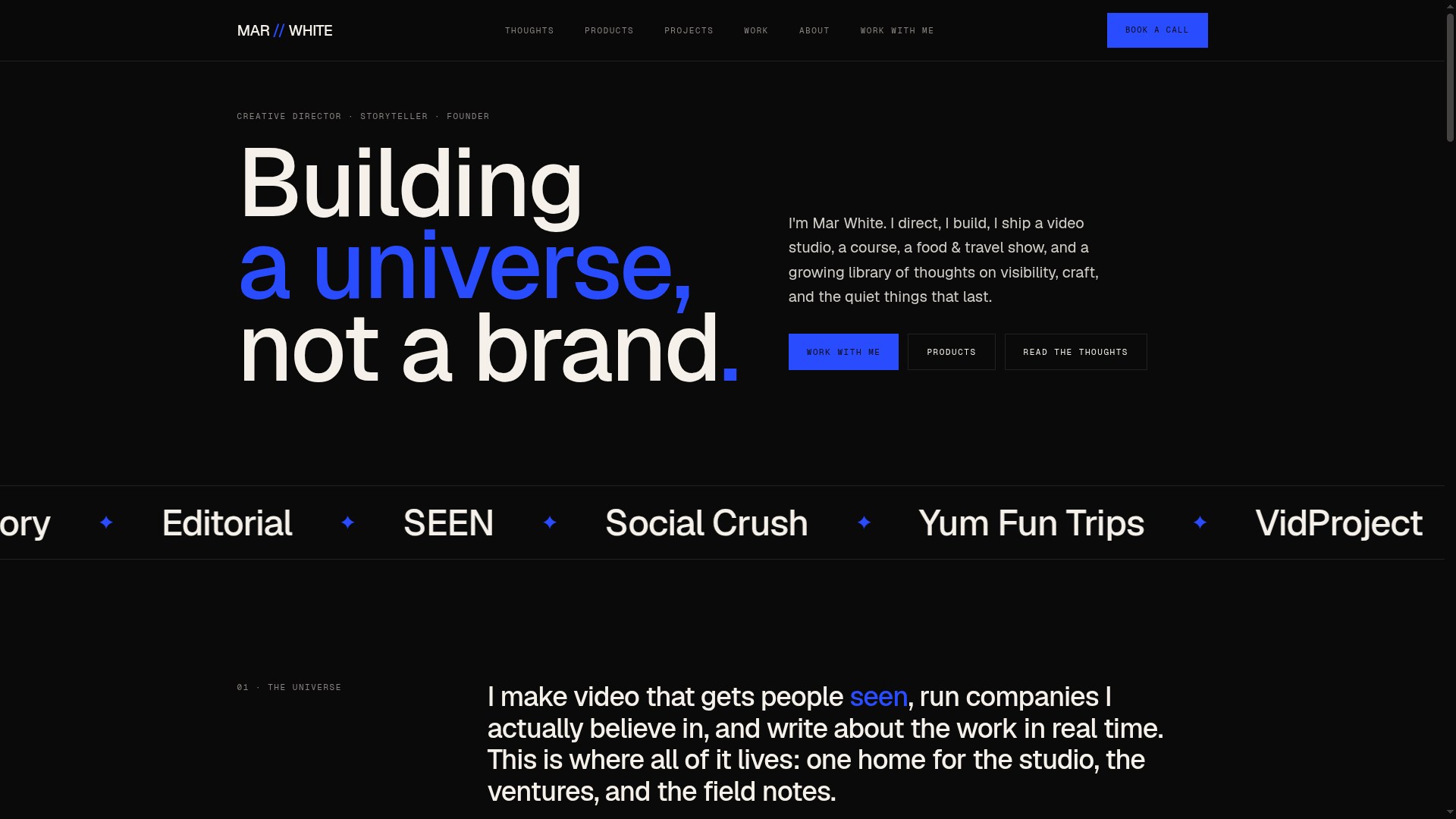 Mar White homepage: Building a universe, not a brand